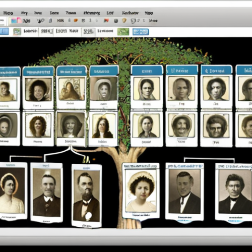 Home 16 **Family History Recording**: Create an image of a user-friendly family tree software interface displaying ancestral names, birth dates, and marriage details. The screen should show templates and easy input methods, emphasizing the joy of documenting family history.