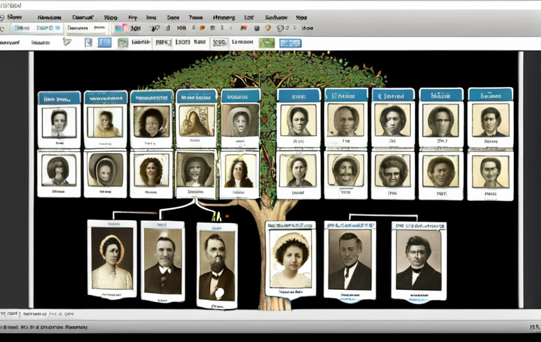 **Family History Recording**: Create an image of a user-friendly family tree software interface displaying ancestral names, birth dates, and marriage details. The screen should show templates and easy input methods, emphasizing the joy of documenting family history.