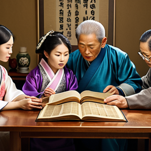 Home 15 A multi-generational family gathered around a table, looking at a large, open Jokbo (family genealogy record book). The scene is warmly lit, with a mix of traditional Korean clothing and modern attire, symbolizing the connection between past and present.
