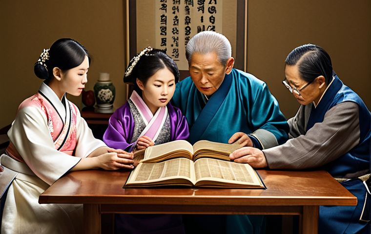 A multi-generational family gathered around a table, looking at a large, open Jokbo (family genealogy record book). The scene is warmly lit, with a mix of traditional Korean clothing and modern attire, symbolizing the connection between past and present.