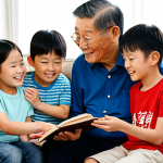 A multi-generational East Asian family in a sunlit, cozy living room. An elder holds a traditional genealogy book (jokbo), sharing stories with curious children, while an adult nearby interacts with a digital family tree on a tablet. All subjects are fully clothed in modest, comfortable, and family-appropriate attire. The scene emphasizes intergenerational connection and the joy of shared heritage. Perfect anatomy, correct proportions, natural poses, well-formed hands, proper finger count. Professional photography, high quality, realistic rendering, safe for work, appropriate content, fully clothed, family-friendly.
