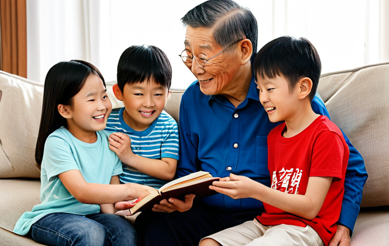 A multi-generational East Asian family in a sunlit, cozy living room. An elder holds a traditional genealogy book (jokbo), sharing stories with curious children, while an adult nearby interacts with a digital family tree on a tablet. All subjects are fully clothed in modest, comfortable, and family-appropriate attire. The scene emphasizes intergenerational connection and the joy of shared heritage. Perfect anatomy, correct proportions, natural poses, well-formed hands, proper finger count. Professional photography, high quality, realistic rendering, safe for work, appropriate content, fully clothed, family-friendly.