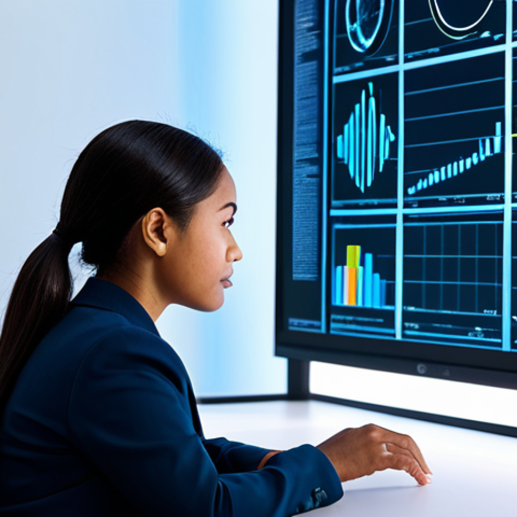 A professional woman of diverse ethnicity, dressed in modest business casual attire, seated at a sleek, minimalist desk in a bright, modern research lab. A holographic projection or glowing screen on the desk displays a complex, abstract DNA strand intertwined with a subtle, illuminated world map showing ancient migratory paths. She gazes intently at the display with a thoughtful expression, her hand gently gesturing towards the projection. Professional photography, soft lighting, sharp focus, high detail, vibrant colors, safe for work, appropriate content, fully clothed, modest clothing, family-friendly, perfect anatomy, correct proportions, natural pose, well-formed hands, proper finger count, natural body proportions.