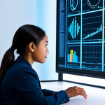 A professional woman of diverse ethnicity, dressed in modest business casual attire, seated at a sleek, minimalist desk in a bright, modern research lab. A holographic projection or glowing screen on the desk displays a complex, abstract DNA strand intertwined with a subtle, illuminated world map showing ancient migratory paths. She gazes intently at the display with a thoughtful expression, her hand gently gesturing towards the projection. Professional photography, soft lighting, sharp focus, high detail, vibrant colors, safe for work, appropriate content, fully clothed, modest clothing, family-friendly, perfect anatomy, correct proportions, natural pose, well-formed hands, proper finger count, natural body proportions.