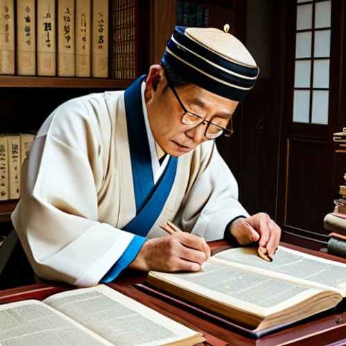 Home 25 **
"A scholar in traditional Korean clothing, carefully examining an old family genealogy book (족보), surrounded by stacks of historical documents and scrolls in a well-lit study, appropriate attire, fully clothed, safe for work, perfect anatomy, natural proportions, professional illustration, high quality, family-friendly."
**
