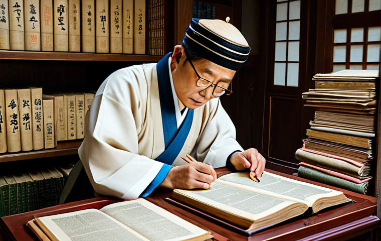 **
"A scholar in traditional Korean clothing, carefully examining an old family genealogy book (족보), surrounded by stacks of historical documents and scrolls in a well-lit study, appropriate attire, fully clothed, safe for work, perfect anatomy, natural proportions, professional illustration, high quality, family-friendly."
**