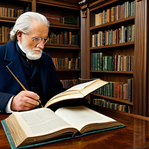Home 12 Discovering Ancestors**
A historian in a well-lit library, researching a large, antique family genealogy book, surrounded by historical documents and bookshelves. The scene evokes a sense of mystery and discovery. Fully clothed, appropriate attire, safe for work, perfect anatomy, natural proportions, professional, modest, family-friendly, high quality.
**