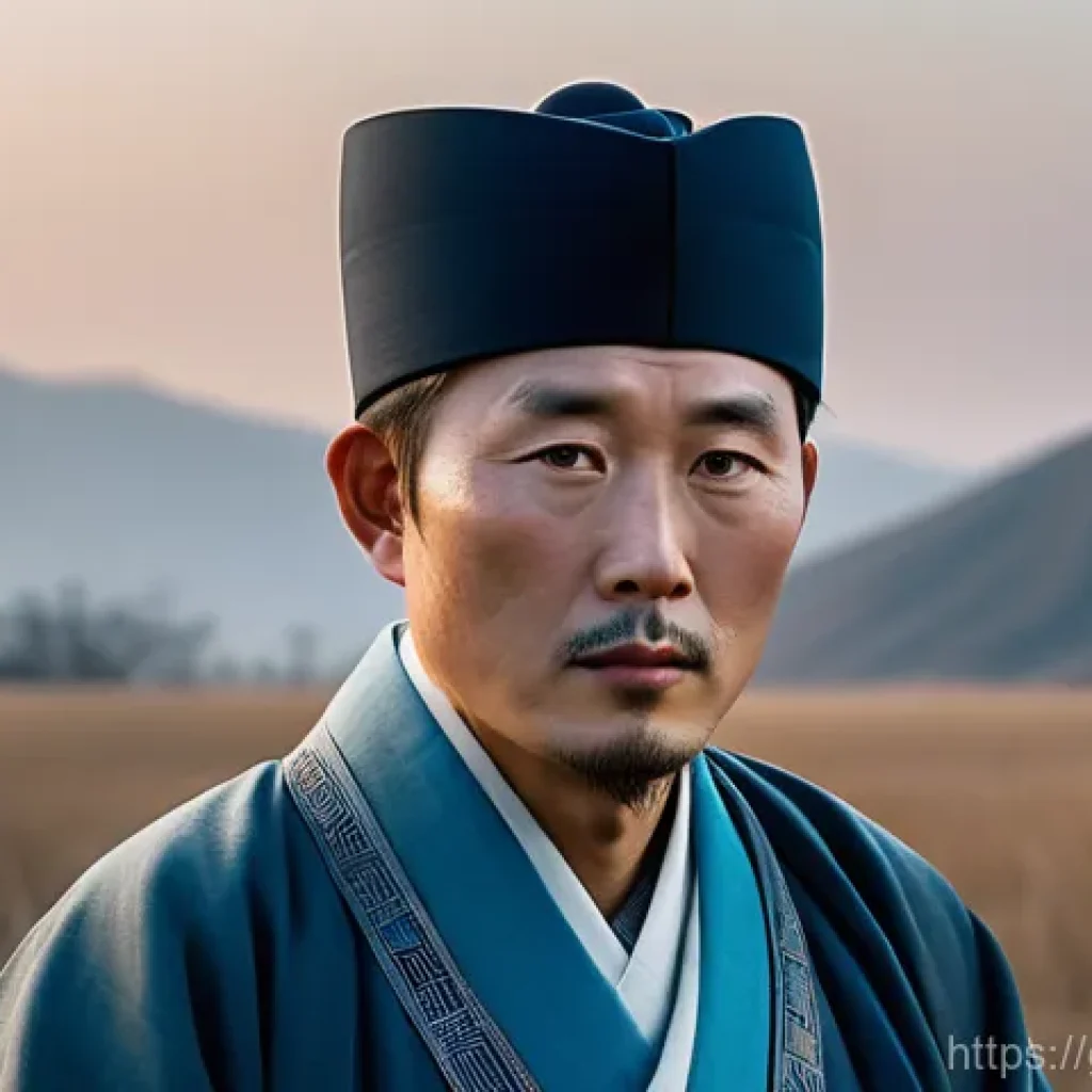 안중근 족보 - A poignant, hyperrealistic portrait of a solemn Ahn Jung-geun, dressed in traditional Korean attire ...
