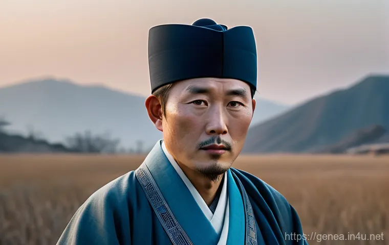 안중근 족보 - A poignant, hyperrealistic portrait of a solemn Ahn Jung-geun, dressed in traditional Korean attire ...