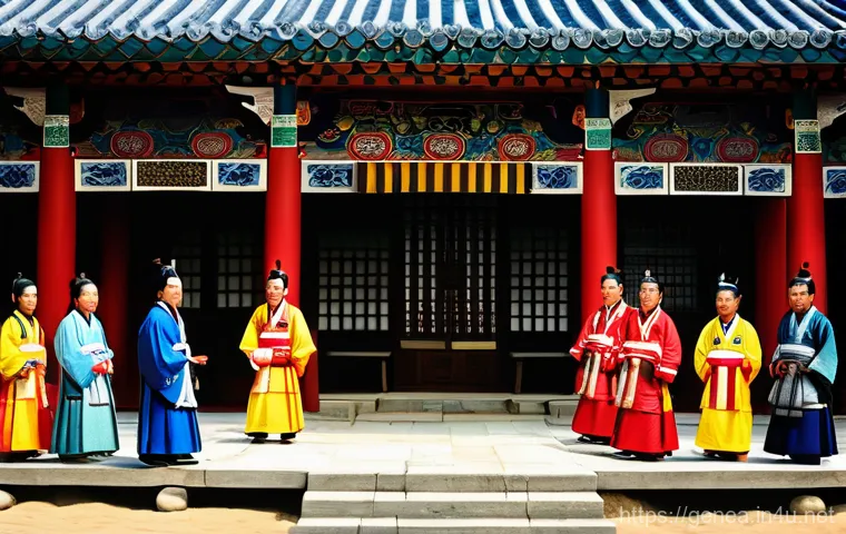 최씨 족보 - An ancient Korean scene depicting the solemn ceremony where the Choi surname was bestowed. In a trad...