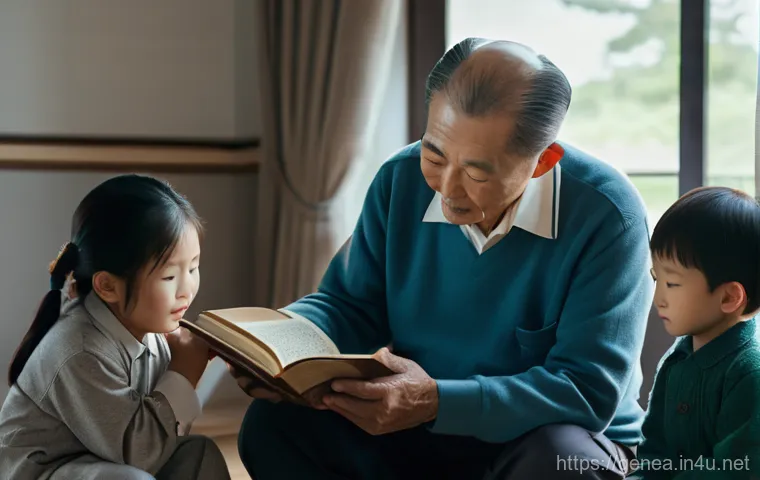 최씨 족보 - A heartwarming scene at a traditional Korean 'Hanok' mansion, representing the Gyeongju Choe clan's ...