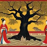 족보와 왕실 - A detailed illustration of a complex and tangled Goryeo Dynasty royal family tree, with lines heavil...