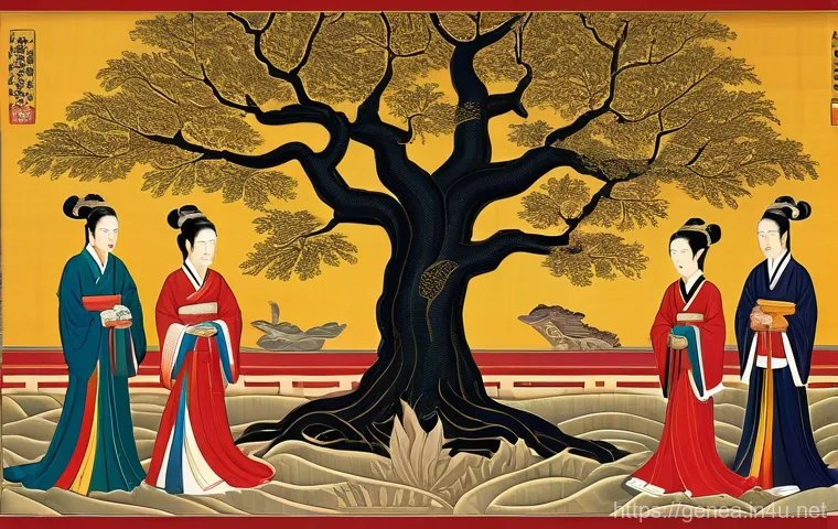 족보와 왕실 - A detailed illustration of a complex and tangled Goryeo Dynasty royal family tree, with lines heavil...