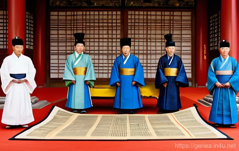 족보와 왕실 - A well-lit, grand scene inside a Joseon-era Sago (royal archive), showcasing towering shelves filled... 족보와 왕실 - A well-lit, grand scene inside a Joseon-era Sago (royal archive), showcasing towering shelves filled...