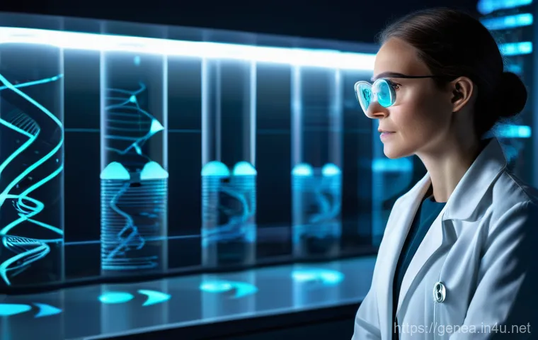 가족사 연구법 - **Prompt 1: Decoding Ancestral Secrets through DNA**
A futuristic, well-lit laboratory setting w...