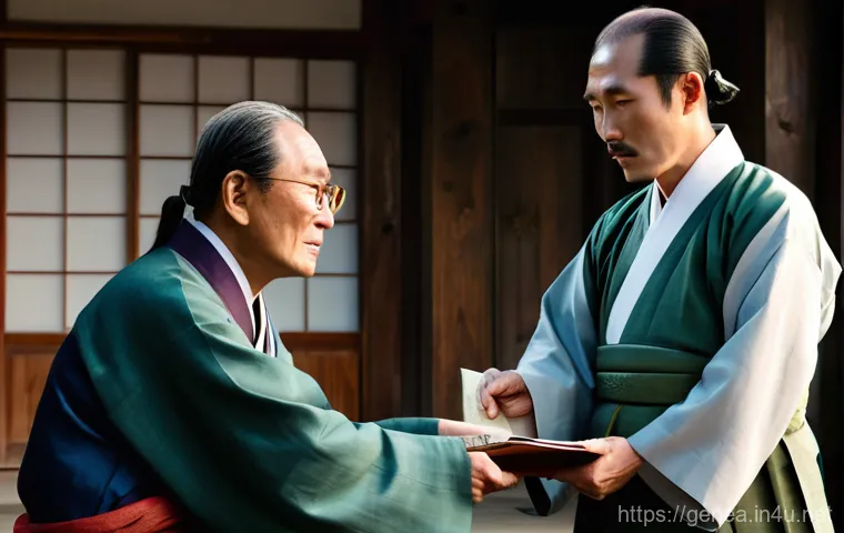 유명 인물의 족보 - A powerful Goryeo Dynasty general, Gang Gam-chan, standing resolute on a strategic hilltop overlooki...